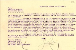 [Carta] 1944 ago. 29, Saladillo, Buenos Aires [a] Gabriela Mistral, Petrópolis, Brasil