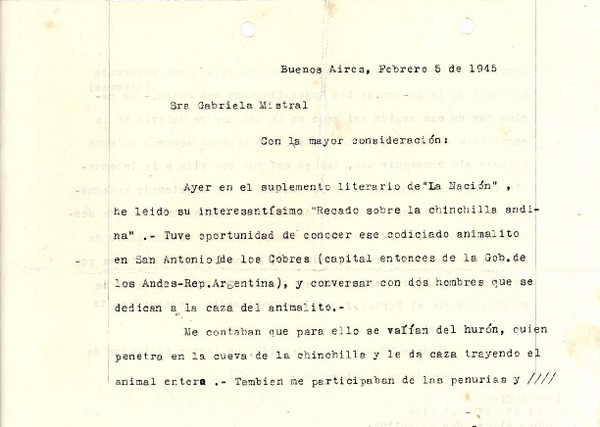 [Carta] 1945 feb. 5, Buenos Aires, [Argentina] [a] Gabriela Mistral
