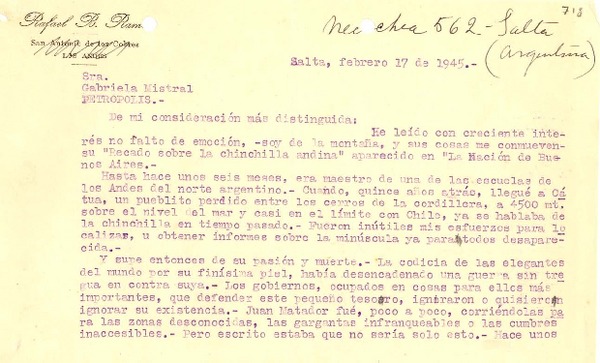 [Carta] 1945 feb. 17, Salta, Argentina [a] Gabriela Mistral, Petrópolis, [Brasil]