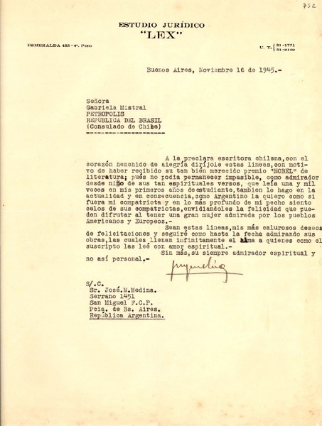 [Carta] 1945, nov. 16, Buenos Aires [a] Gabriela Mistral, Petrópolis, República del Brasil (Consulado de Chile)