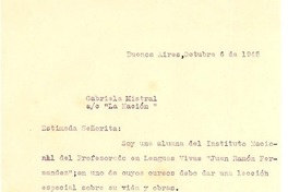 [Carta] 1945 oct. 6, Buenos Aires, [Argentina] [a] Gabriela Mistral