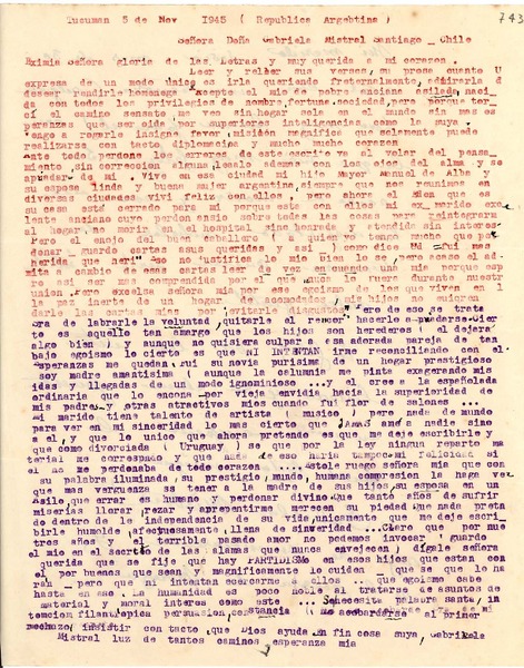 [Carta] 1945 nov. 5, Tucumán, Argentina [a] Gabriela Mistral, Santiago, Chile