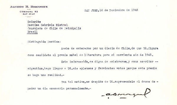 [Carta] 1945 nov. 12, San Juan, Argentina [a] Gabriela Mistral, Consulado de Chile, Petrópolis, Brasil