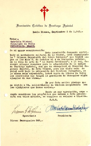 [Carta] 1945 sept. 2, Bahía Blanca, [Argentina a] Gabriela Mistral, Petrópolis, Brasil