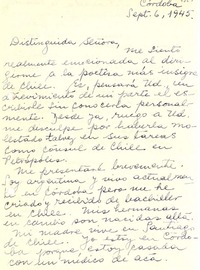 [Carta] 1945 sept. 6, Córdoba, Argentina [a] Gabriela Mistral, Petrópolis, [Brasil]