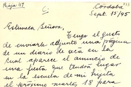 [Carta] 1945 sept. 15, Córdoba [Argentina a] Gabriela Mistral, Petrópolis, [Brasil]