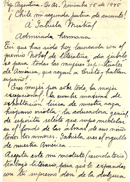 [Carta] 1945 nov. 15, Buenos Aires, [Argentina] [a] Gabriela Mistral