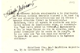 [Carta] 1945 nov. 15, Chivilcoy, Buenos Aires, Argentina [a] Gabriela Mistral, Petrópolis, Brasil