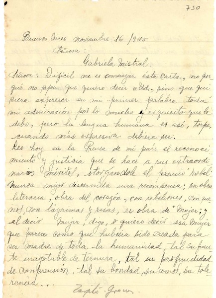 [Carta] 1945 nov. 16, Buenos Aires, [Argentina] [a] Gabriela Mistral