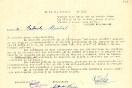 [Carta] 1945 oct., La Plata, Argentina [a] Gabriela Mistral