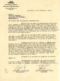 [Carta] 1945 oct. 11, La Plata, Argentina [a] Gabriela Mistral, Consulado del Uruguay, Petrópolis, [Brasil]