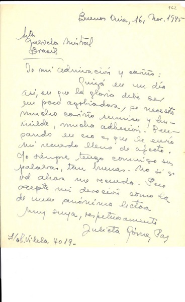 [Carta] 1945 nov. 16, Buenos Aires [a] Gabriela Mistral, Brasil