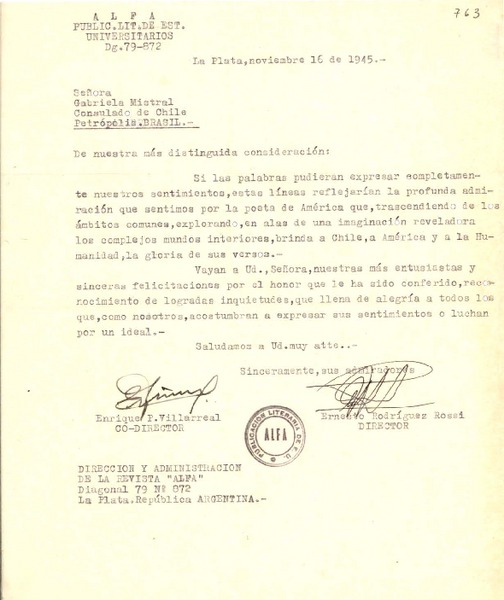 [Carta] 1945 nov. 16, La Plata, [Argentina a] Gabriela Mistral, Consulado de Chile, Petrópolis, Brasil
