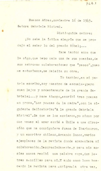 [Carta] 1945 nov. 16, Buenos Aires [a] Gabriela Mistral