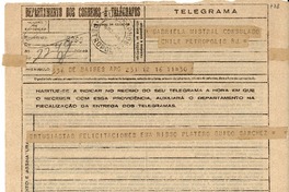 Telegrama [1945 nov. 16], B Aires, Arg. [a] Gabriela Mistral, Consulado Chile Petrópolis, [Brasil]
