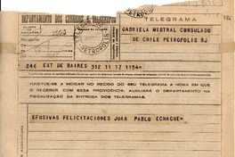 Telegrama [1945 nov. 17], B. Aires, [Argentina] [a] Gabriela Mistral, Consulado de Chile, Petrópolis, R.J.