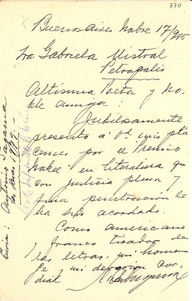 [Carta] 1945 nov. 17, Buenos Aires [a] Gabriela Mistral, Petrópolis [Brasil]