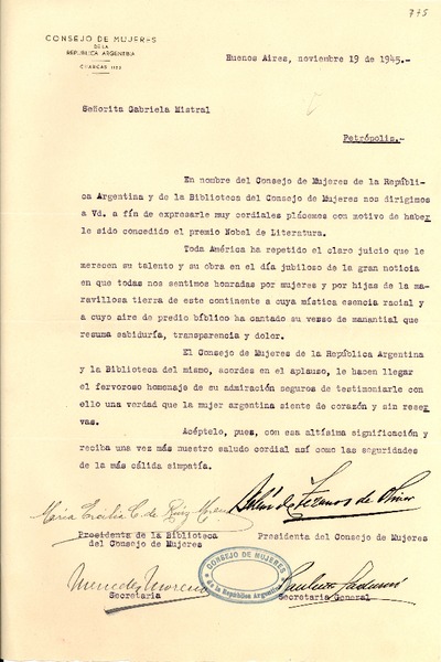[Carta] 1945 nov. 19, Buenos Aires [a] Gabriela Mistral, Petrópolis, [Brasil]