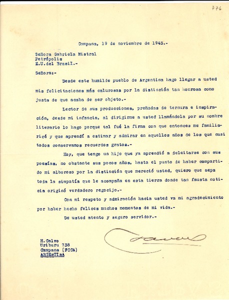 [Carta] 1945 nov. 19, Argentina [a] Gabriela Mistral, Petrópolis, [Brasil]