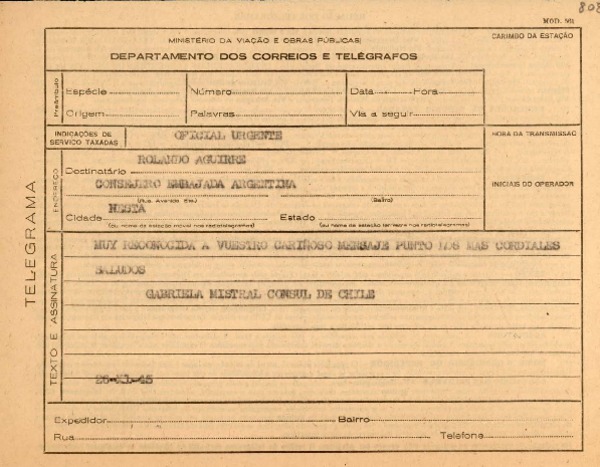 Telegrama 1945 nov. 26 [a] Rolando Aguirre, Consejero Embajada Argentina, Nesta