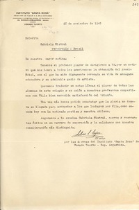 [Carta] 1945 nov. 26, Venado Tuerto [Santa Fé, Argentina a] Gabriela Mistral, Petrópolis, [Brasil]