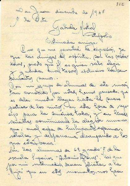 [Carta] 1945 dic., San Juan, [Argentina] [a] Gabriela Mistral, Petrópolis, [Brasil]