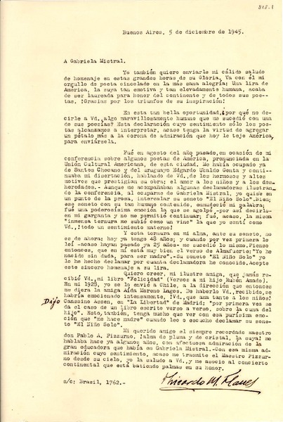 [Carta] 1945 dic. 5, Buenos Aires, [Argentina] [a] Gabriela Mistral