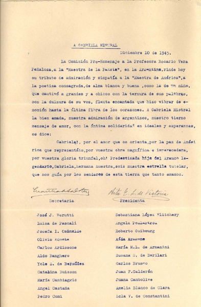 [Carta] 1945 dic. 10, [Argentina] [a] Gabriela Mistral