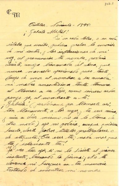 [Carta] 1945 nov., Castelar, [Buenos Aires, Argentina] [a] Gabriela Mistral