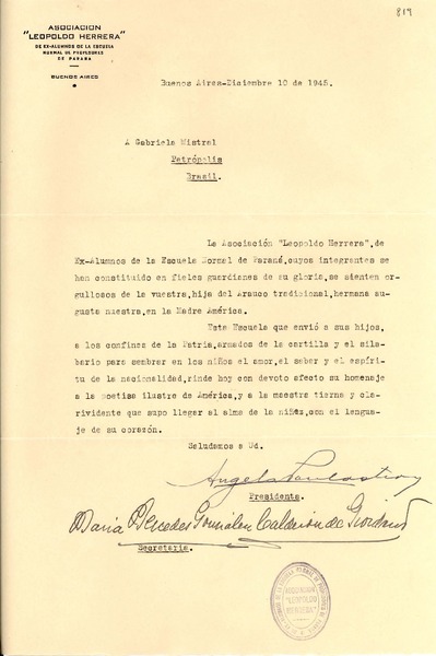 [Carta] 1945 dic. 10, Buenos Aires, [Argentina] [a] Gabriela Mistral, Petrópolis, Brasil