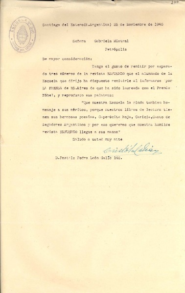 [Carta] 1945 nov. 25, Santiago del Estero, R. Argentina [a] Gabriela Mistral, Petrópolis, [Brasil]