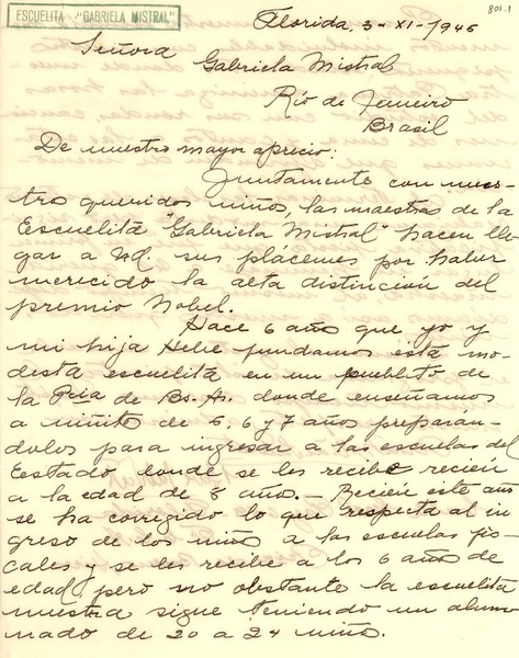 [Carta] 1945 nov. 3, Florida, [Buenos Aires, Argentina a] Gabriela Mistral
