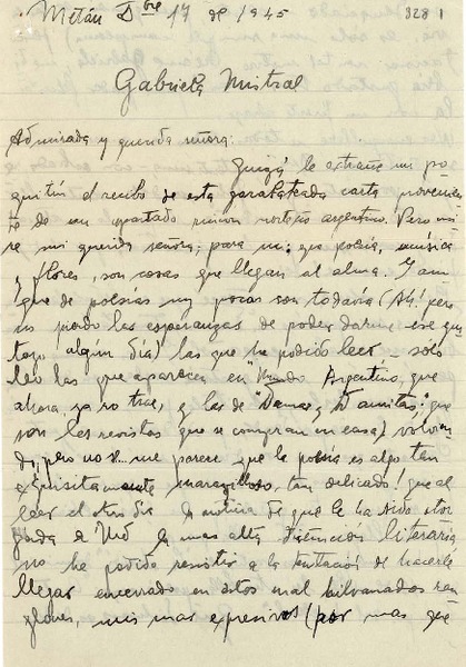[Carta] 1945 dic. 17, Metán, Salta, Argentina [a] Gabriela Mistral