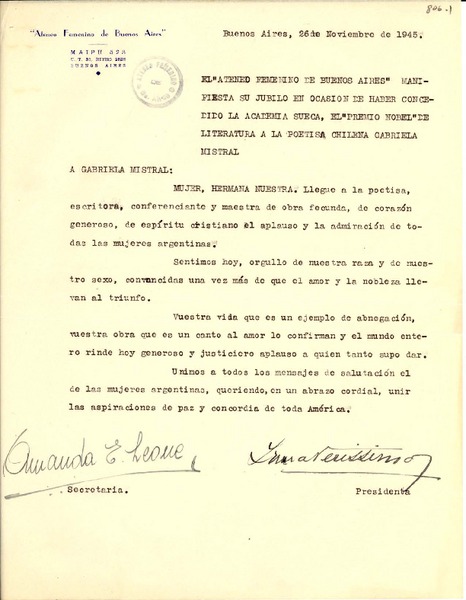 [Carta] 1945 nov. 26, Buenos Aires, [Argentina a] Gabriela Mistral
