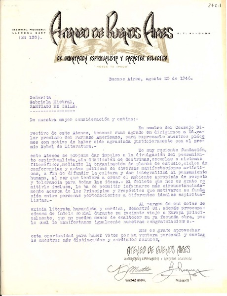 [Carta] 1946 ago. 23, Buenos Aires [a] Gabriela Mistral, Santiago de Chile
