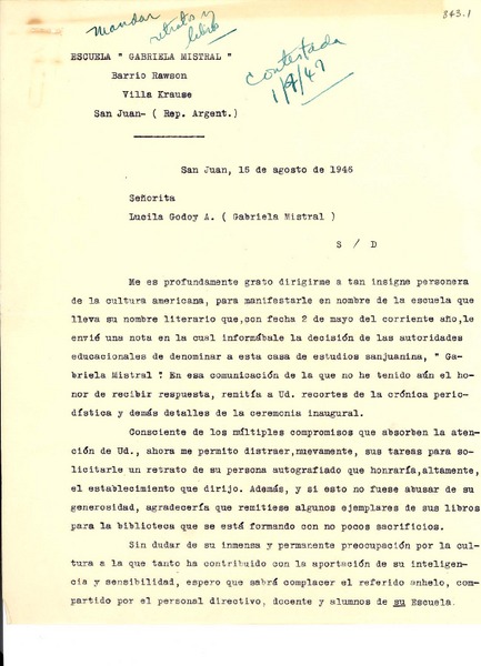 [Carta] 1946 ago. 16, San Juan, [Argentina] [a] Gabriela Mistral
