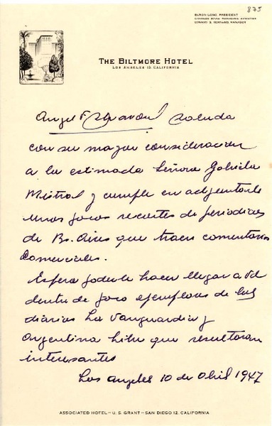 [Carta] 1947, abr. 10, Los Angeles, EE.UU. [a] Gabriela Mistral, Los Angeles [EE.UU.]
