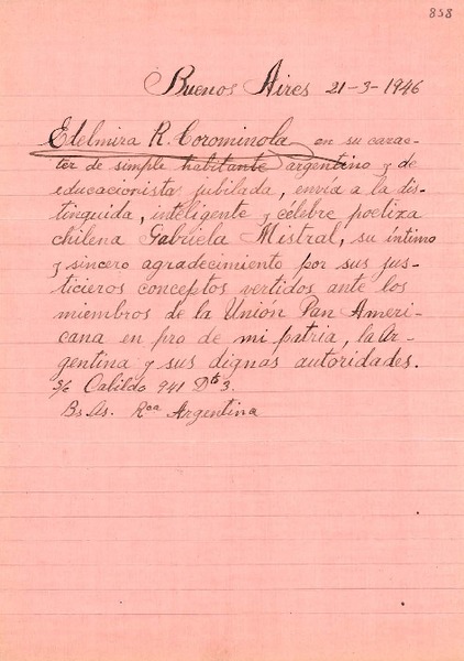 [Carta] 1946 mar. 21, Buenos Aires, [Argentina] [a] Gabriela Mistral