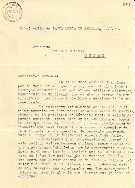 [Carta] 1946 jun. 14, Valle de Santa María de Punilla, Córdoba, Republica Argentina [a] Gabriela Mistral, Chile