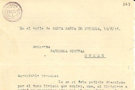 [Carta] 1946 jun. 14, Valle de Santa María de Punilla, Córdoba, Republica Argentina [a] Gabriela Mistral, Chile