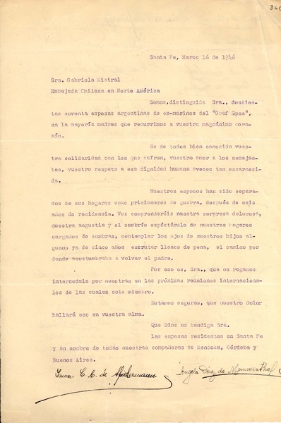[Carta] 1946 mar. 16, Santa Fe, [Argentina] [a] Gabriela Mistral, Embajada chilena en Norte América, [EE.UU.]