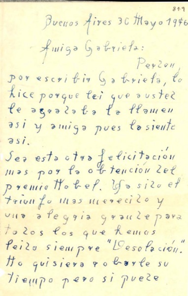 [Carta] 1946 mayo. 30, Buenos Aires [a] Gabriela Mistral