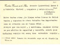 [Tarjeta] 1946 ene. 8, Rosario, Argentina [a] Gabriela Mistral, Petrópolis, Brasil