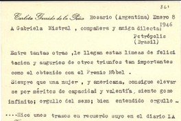 [Tarjeta] 1946 ene. 8, Rosario, Argentina [a] Gabriela Mistral, Petrópolis, Brasil