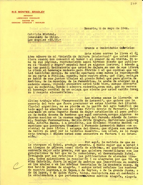 [Carta] 1946 mayo. 5, Rosario, [Argentina a] Gabriela Mistral, Consulado de Chile, Los Angeles, EE.UU.