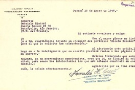 [Carta] 1946 ene. 28, Paraná, [Argentina a] Gabriela Mistral, Petrópolis, Río de Janeiro, [Brasil]