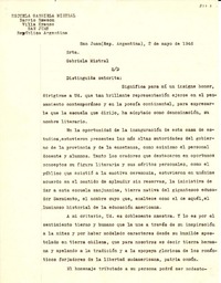 [Carta] 1946 mayo. 2, San Juan, Rep. Argentina [a] Gabriela Mistral