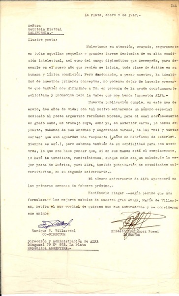 [Carta] 1947 ene. 7, La Plata, [Argentina] [a] Gabriela Mistral, California, [EE.UU.]