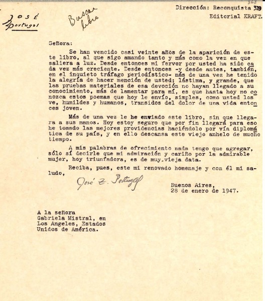[Carta] 1947 ene. 28, Buenos Aires, [Argentina] a la Señora Gabriela Mistral, Los Angeles, Estados Unidos de América
