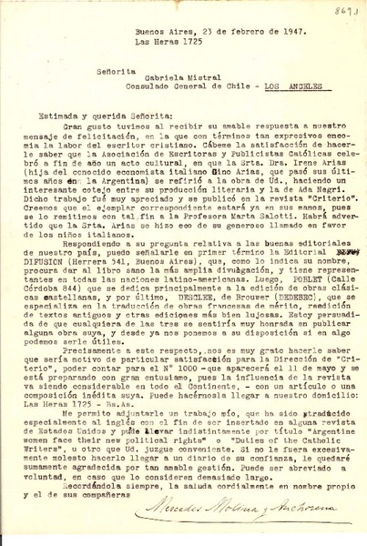 [Carta] 1947 feb. 23, Buenos Aires, [Argentina a] Gabriela Mistral, Consulado General de Chile, Los Angeles, [EE.UU.]